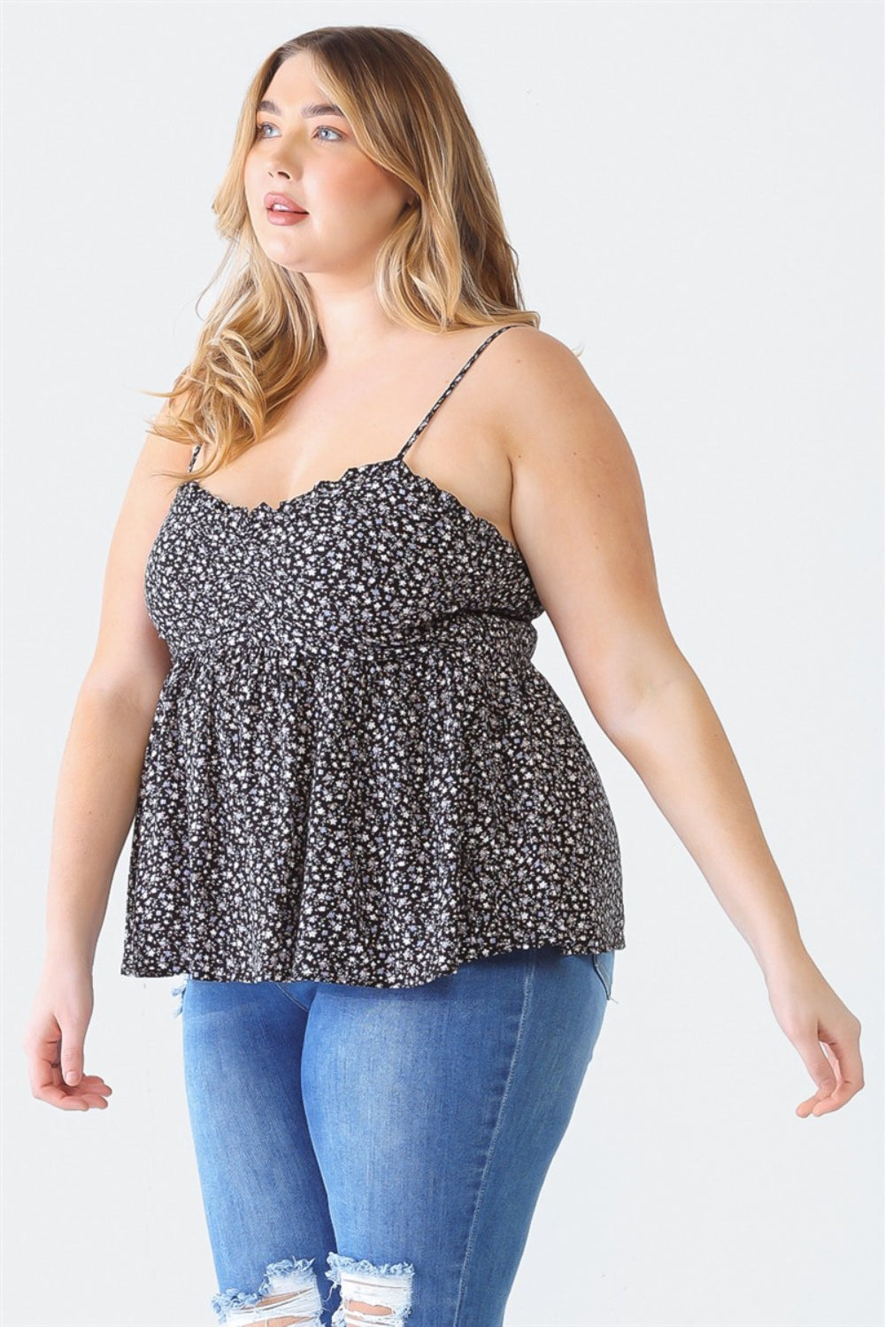 Zenobia Plus Size Frill Smocked Floral Sweetheart Neck Cami