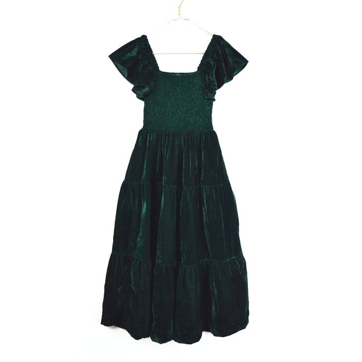8 Oak Lane - Green Velvet Smocked House Dress - Emerald Green