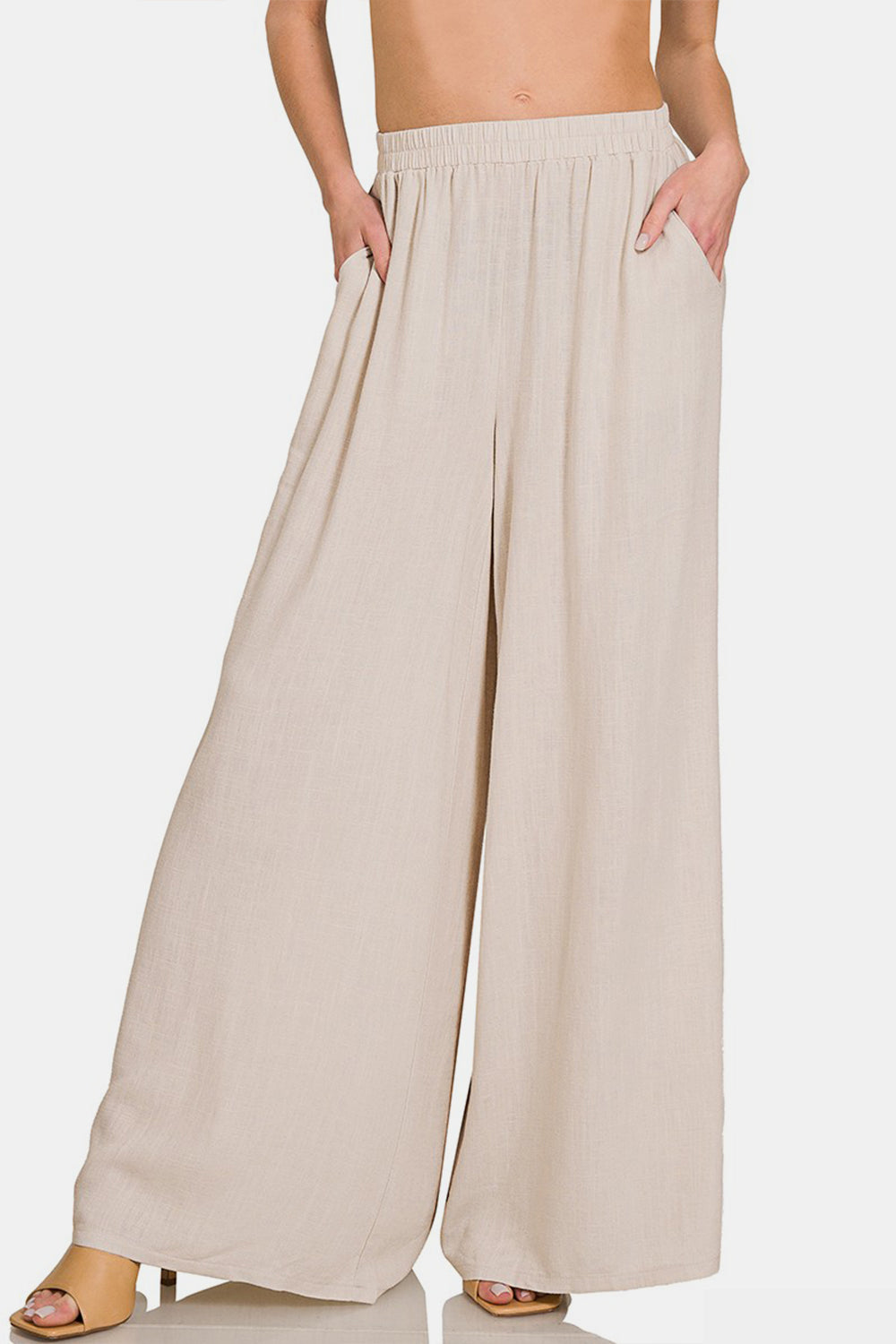 Zenana Pleated Linen Blend Wide Leg Pants